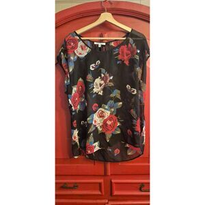 Black Rain XL Sheer Floral Rose Black Over Shirt Layering Red Black Blue Top EUC